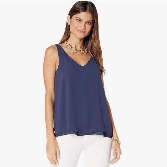 Lilly Pulitzer Florin Sleeveless V-Neck Top Reversible Medium Navy Blue - Picture 1 of 4